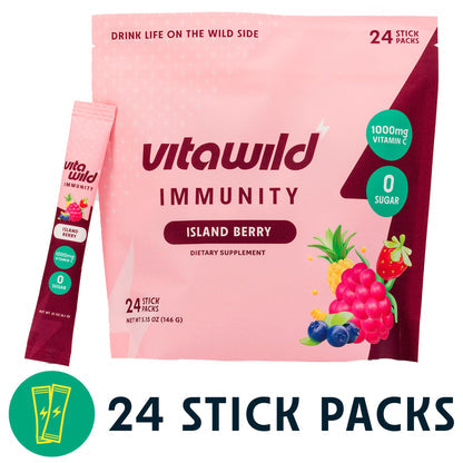 Container of Vitawild Hydration Lightning Lemonade with a scoop of powder beside it.